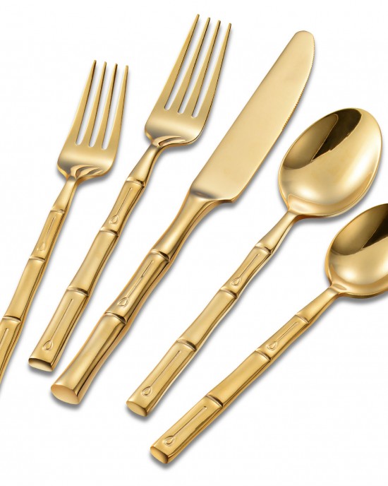 Western Bamboo Style Handle Wedding Durable Mirror Gold Fork Knife Spoon Set Stainless Steel Flatware Set