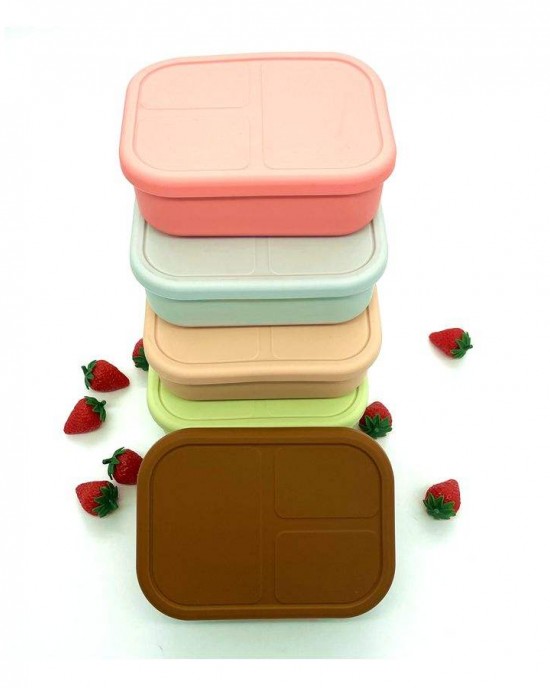 New Design Reusable 3 Compartments Kids Lunch Container Durable and Leakproof Silicone Bento Box with Lid