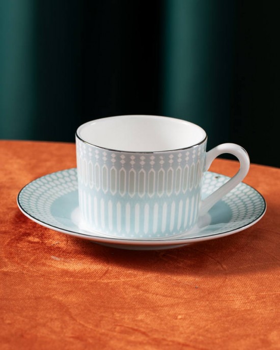 Luxury high end hotel cafe sky blue bone china coffee cups and saucers gold rim tea cup set