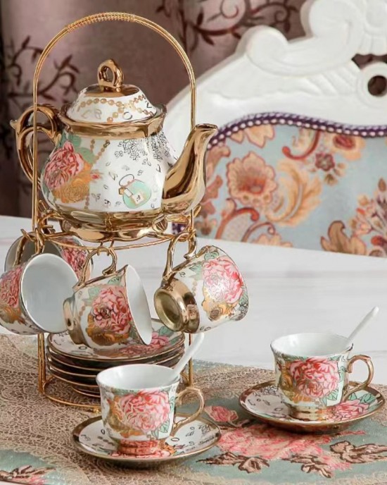 European Vintage Style 20-Piece Ceramic Coffee Pot and Tea Cup Set Porcelain for Gifts Drinkware Morning Afternoon Tea Suit