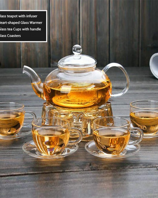 Wholesale Borosilicate Kettle Clear Glass Tea Cup Set Blooming Tea Maker Teapot Glass Tea Pot Set With Infuser Warmer