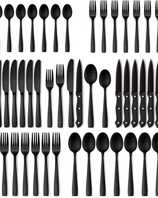 Black Flatware Set for 8 Stainless Steel Tableware Cutlery Set 48-Piece Matte Black Silverware Set with Steak Knives