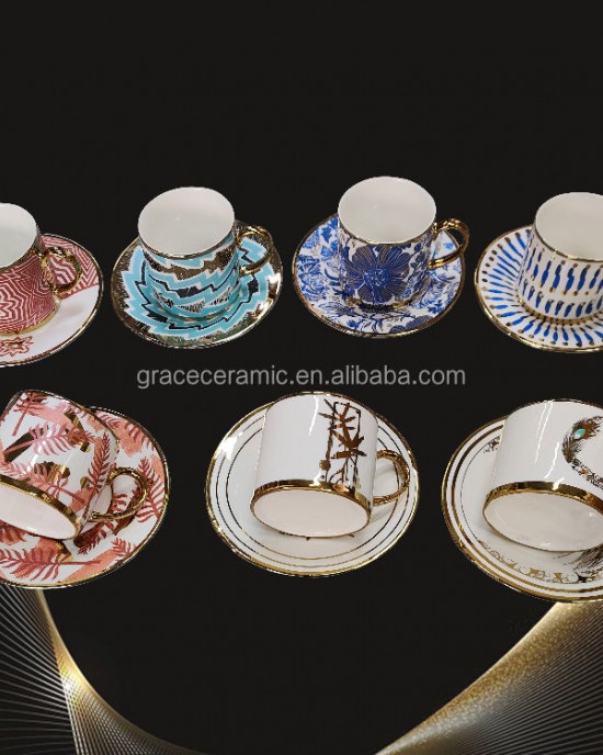 New Custom Luxury Arabic Porcelain Bone China Coffee Cups 90ml Gold Metal Turkish Arabic Small Coffee Cup And Saucer Set