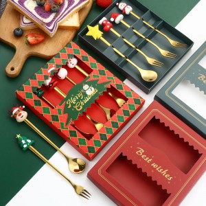 Hot Sale Stainless Steel Christmas Tableware Sets Coffee Stirring Spoon Fruit Fork In Gift Box Dinnerware Sets