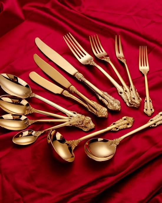 18/10 stainless steel cutlery set golden luxury elegant flatware spoons forks and knives for events