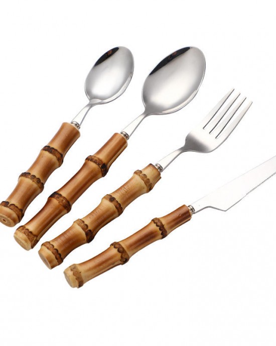 Reusable Natural Bamboo Handle Flatware Silverware Knife Fork Spoon 304 Stainless Steel Cutlery Set with Bamboo Handle