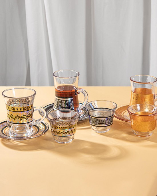 Modern Collection Turkish Glass Mug With Thin Waist Saucer Cups Set, Espresso Coffee Cups Set of 6 Cups & 6 Saucer