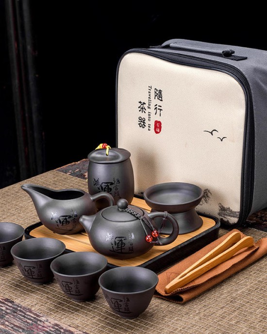 Custom Logo Travel Tea Sets Chinese Kung Fu Ceramic Teapot Portable Handmade Purple Clay Teapot Teacups All in One Gift Bag