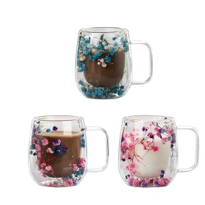 Double Walled Glass Mug Dried Flowers Coffee Mugs 350ml Aesthetic Thermal Insulated Tea Cups With Handle for Hot Cold Drinks