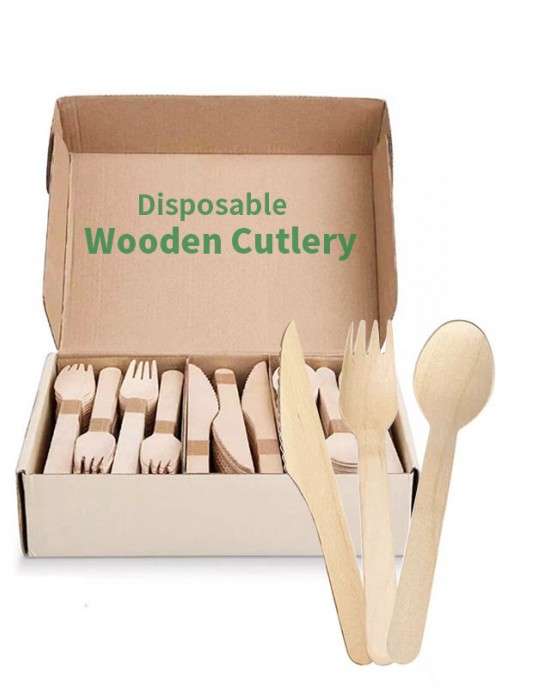 Best Seller Eco-Friendly Natural Wooden Disposable Cutlery Set Includes Knife Fork Spoon for Travel with Kraft Lunch Box