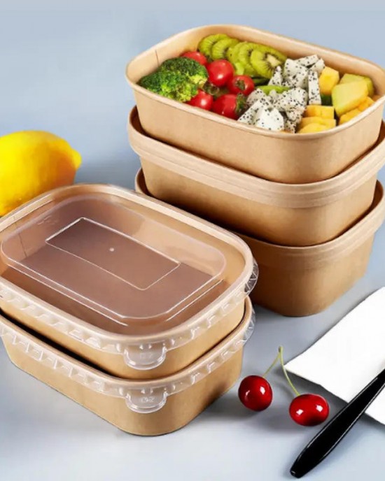 Disposable Kraft Paper Container Salad Fried Rice Takeout Rectangle Food Box Kraft Paper Lunch Bento Bowl