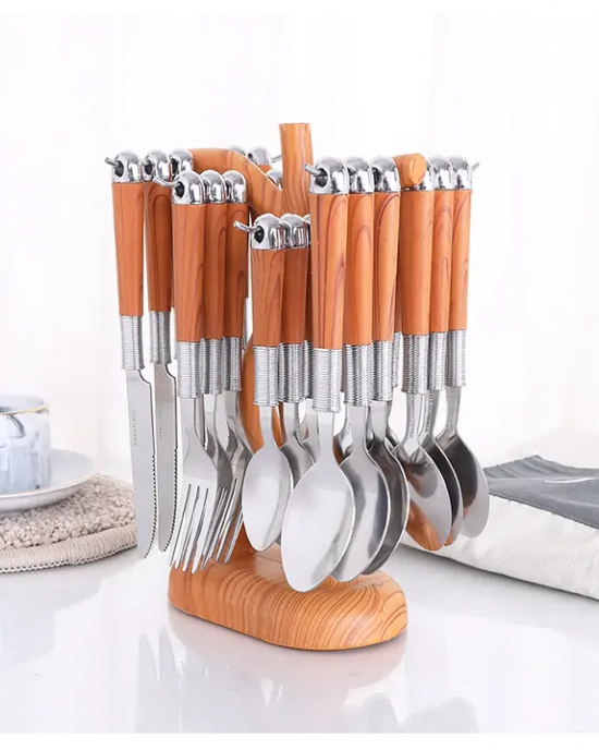 Hot Selling Wooden Handle Stainless Steel Flatware Set Knife Serve Fork Spoon Portable 24pcs Dinnerware Tableware Set With Rack