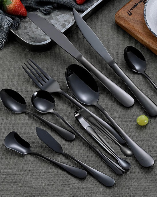 Factory Supply Luxury Black Stainless Steel Silverware Set Table Spoon Fork Knife Cutlery Party