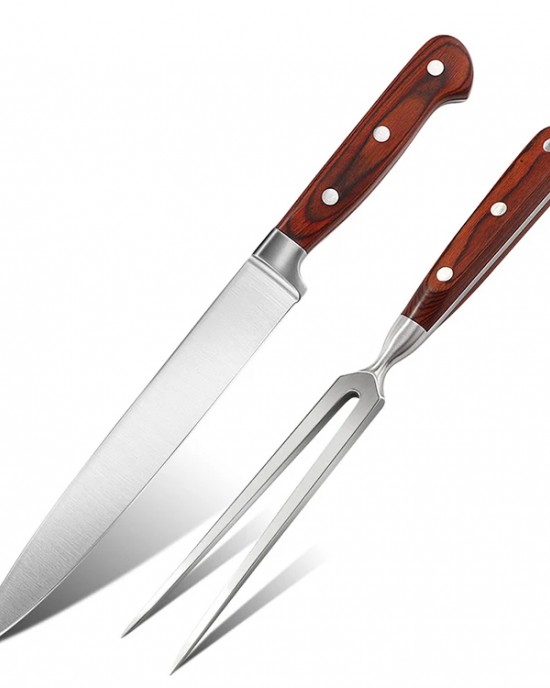 2PCS Stainless Steel Carving Knife Fork Set Slicing Knife with Wood Handle BBQ Stainless Steel Kitchen Knife Set