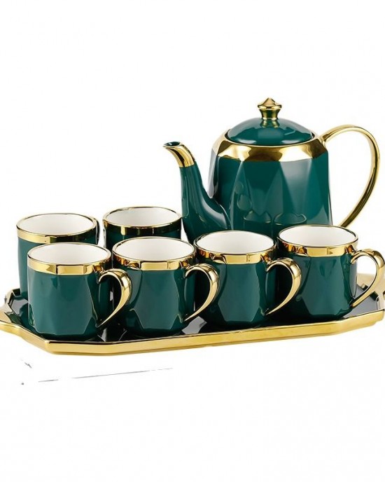 Royal Green Porcelain Coffee Tea Pot Six Cups Set European Luxury Ceramic Tea Sets Customized Logo Country Business Gifts