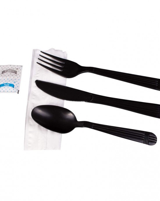 Heavy weight Take Away Travel Disposable Plastic Black Utensils Cutlery Set Spoon Fork Knife with napkin salt pepper