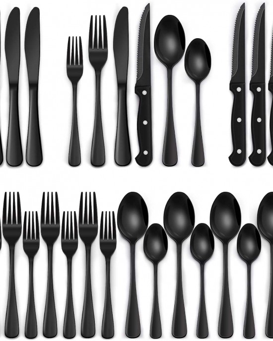 24-Piece Black Silverware Set Steak Knives Tableware Cutlery 4 Food-Grade Stainless Steel Utensils Mirror Finished Flatware Home