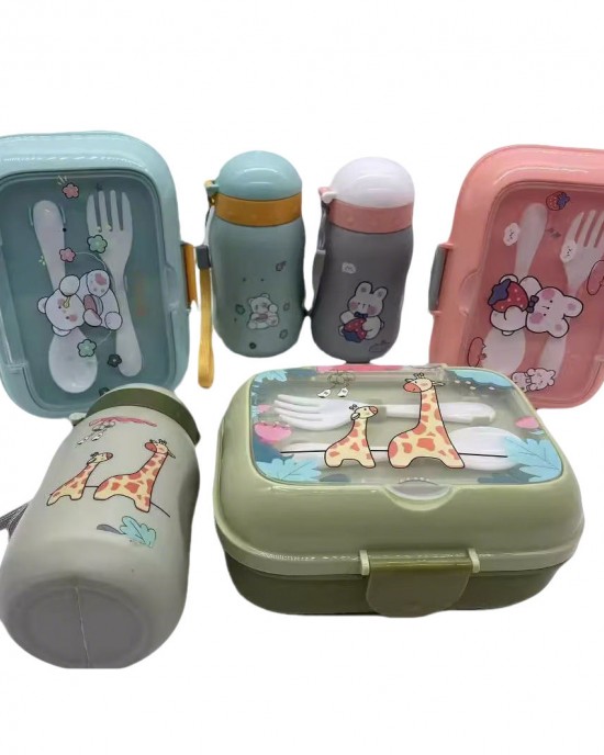 Warehouse Cartoon Lunch Box Set Plastic Water Bottle Straight Drinking Lunch Box Bottle Set For Teenagers