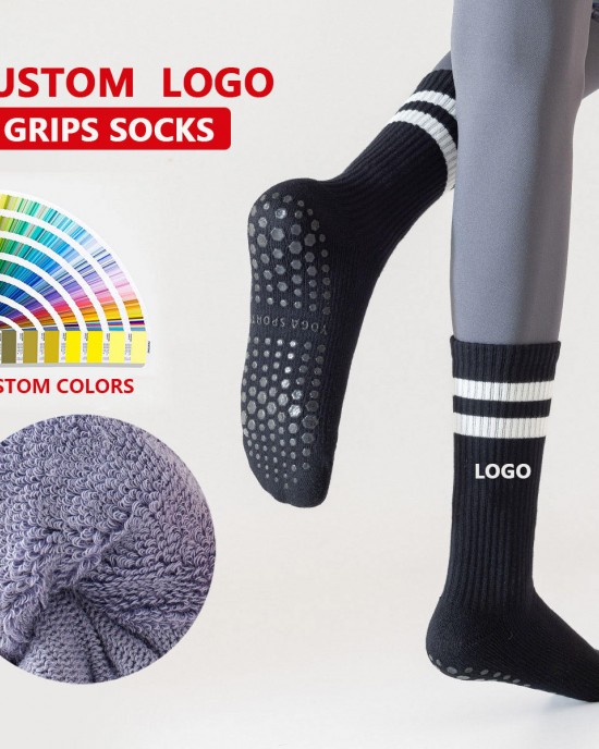 Custom Logo OEM Terry Cotton Pilates Socks Non-Slip Women Tube Yoga Socks Silicon Sport Anti Slip Dance Sports Crew Socks