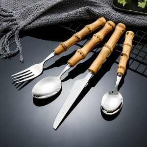 Food Grade Bamboo Shape Cutlery Reusable Stainless Steel 304 Spoon Fork Knife Bamboo Handle Flatware Sets