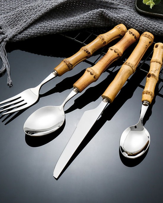 Food Grade Bamboo Shape Cutlery Reusable Stainless Steel 304 Spoon Fork Knife Bamboo Handle Flatware Sets