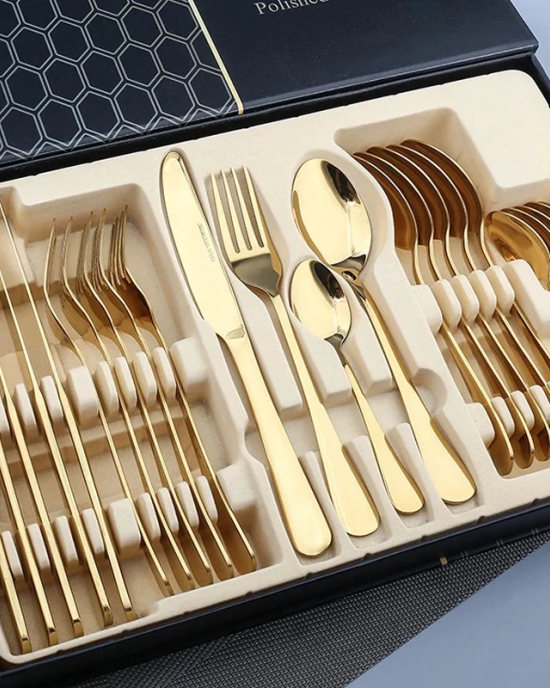 Factory Wholesale 24 Pcs Stainless Steel Gold Cutlery Set, Include Knife Fork Spoon Flatware Set Sliverware Set Service for 6