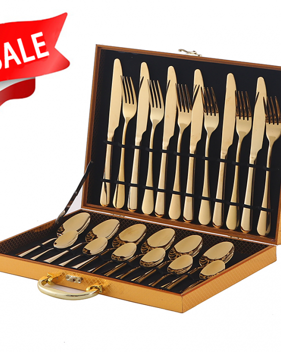 Stainless Steel Cutlery Set Knife Fork Spoon 24-Pieces Gold Wooden box Silverware gold Flatware Set