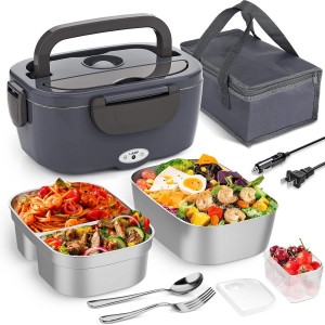 Portable Electric Lunch Box Food Heater Microwave Car/Home Warmer 2 Removable Stainless Steel Containers Leakproof Storage