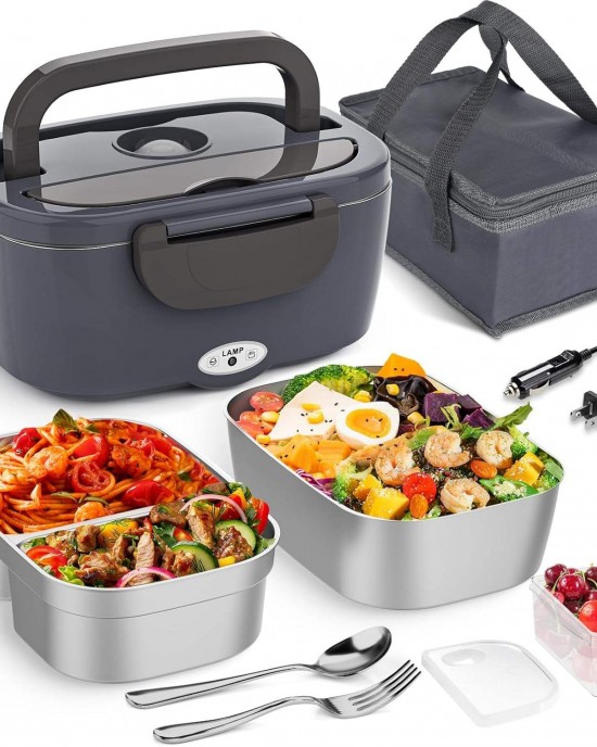 Portable Electric Lunch Box Food Heater Microwave Car/Home Warmer 2 Removable Stainless Steel Containers Leakproof Storage