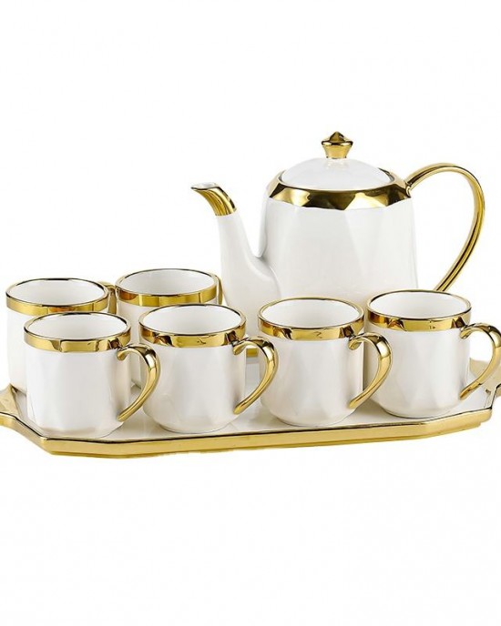 High Quality Gold Lid Color Porcelain Coffee Pot 6pcs Ceramic Cup and Saucer Luxury Gift Sets Tea and Coffee Set