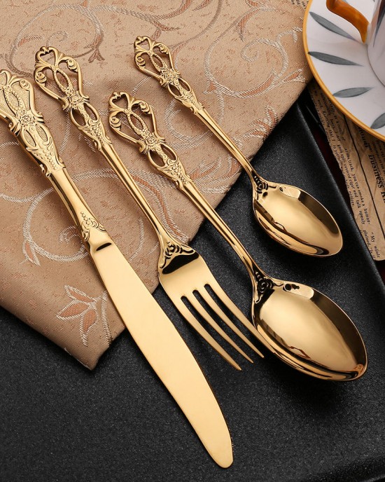 Wholesale Luxury Antique Handle Stainless Steel Vintage Silverware Flatware Banquet Cutlery Set in Silver and Gold for Wedding