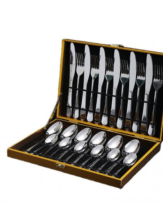 low moq 24 pcs 1010 luxury cutlery set 410 plated gold flatware stainless steel knife fork and spoon dinnerware with wooden box