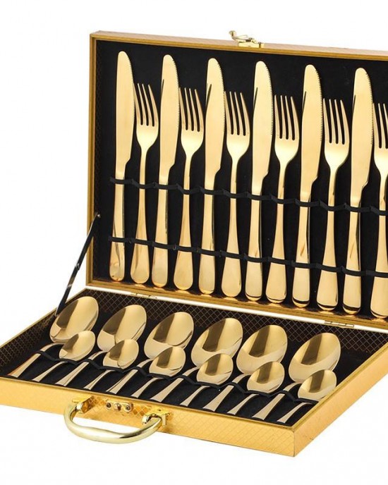 Wholesale 24pcs Gold Stainless Steel Cutlery Set Disposable and Sustainable Metal Spoon Fork Knife Teaspoon With Wooden Box