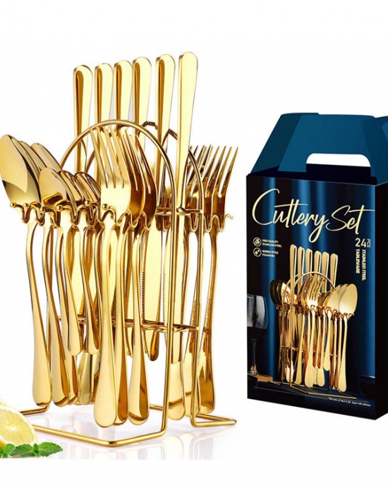 Factory Wholesale Best Selling Stainless Steel Knife Fork Spoon set 24pcs Gold Flatware Luxury Cutlery Set With Stand