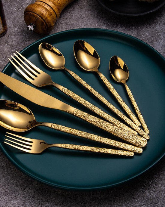 New Reusable Stone Pattern Handle Stainless Steel Flatware Knife Fork Spoon Gold Silverware Restaurant Cutlery Set