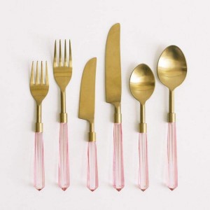 18/10 New Design 6 Pcs Gold PVD High Quality Stainless Steel Fork Knife and Spoon with Clear Plastic Handle Cutlery Set Wedding